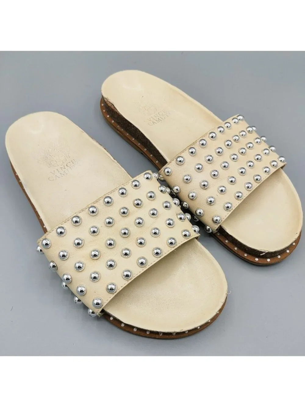 Vince Camuto Women's Kortlen Cream/Off-White Leather Studded Slides (Size 6.5)